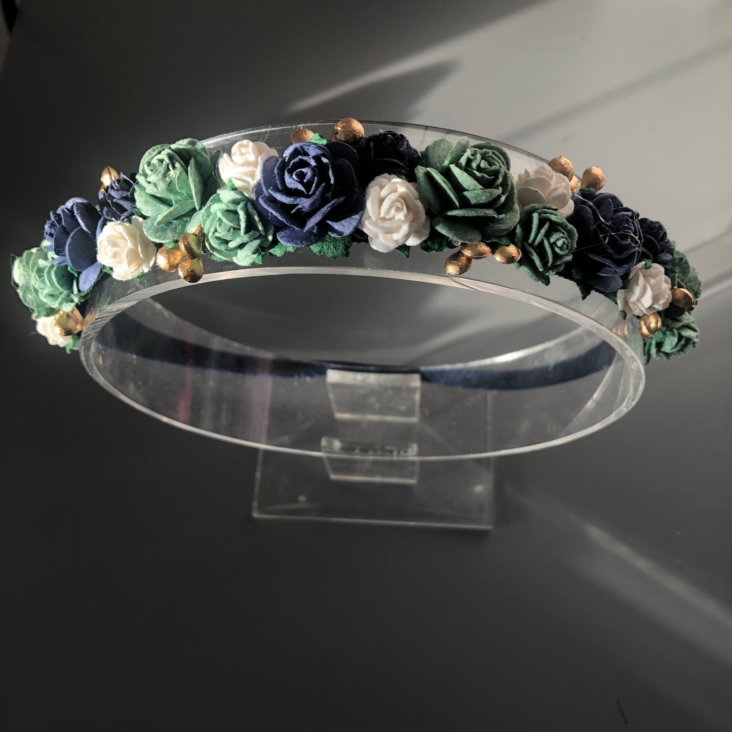 Navy Flower Headband, With Sage and Gold Detail, Bridesmaid, Flowergirl, Weddings