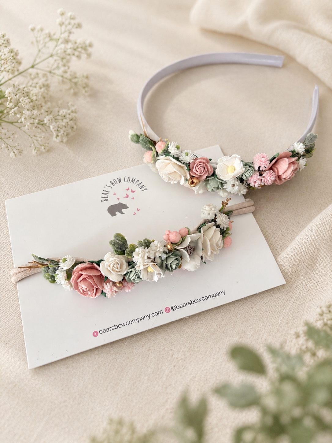 Sage, Pink and Ivory Flower Headband