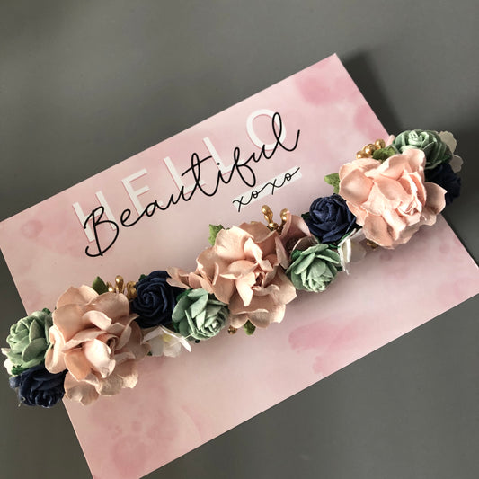 Navy, Sage, Blush Pink, White and Gold Flower Headband, Bridesmaid, Flowergirl, Weddings