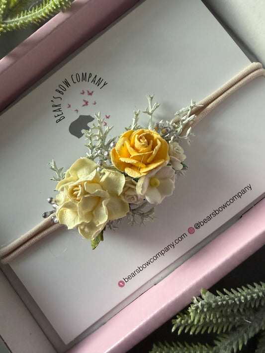 Yellow Cream and Silver Flower Headband