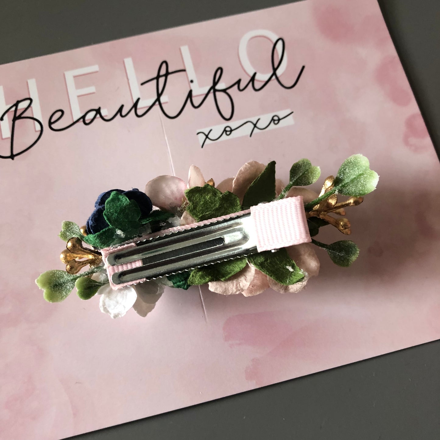Navy, Sage, Pale Pink, White and Gold Floral Clip